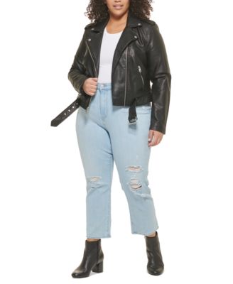 Plus Size Faux Leather Belted Motorcycle Jacket