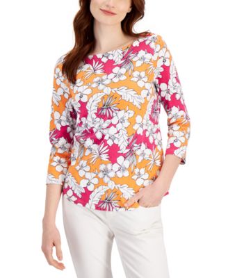 Charter Club - Petite Tropical-Print Cotton Boat-Neck Top, Created for Macy's