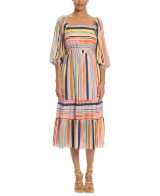 Donna Morgan Striped Balloon-Sleeve Midi Dress - Macy's