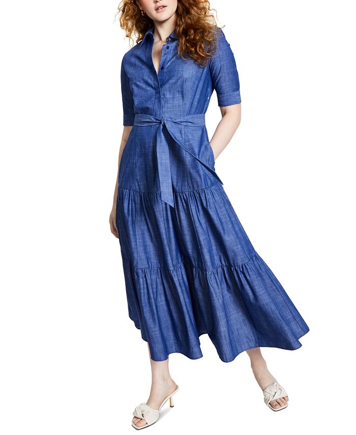 Calvin Klein Chambray Tiered Maxi Shirtdress & Reviews - Dresses - Women -  Macy's