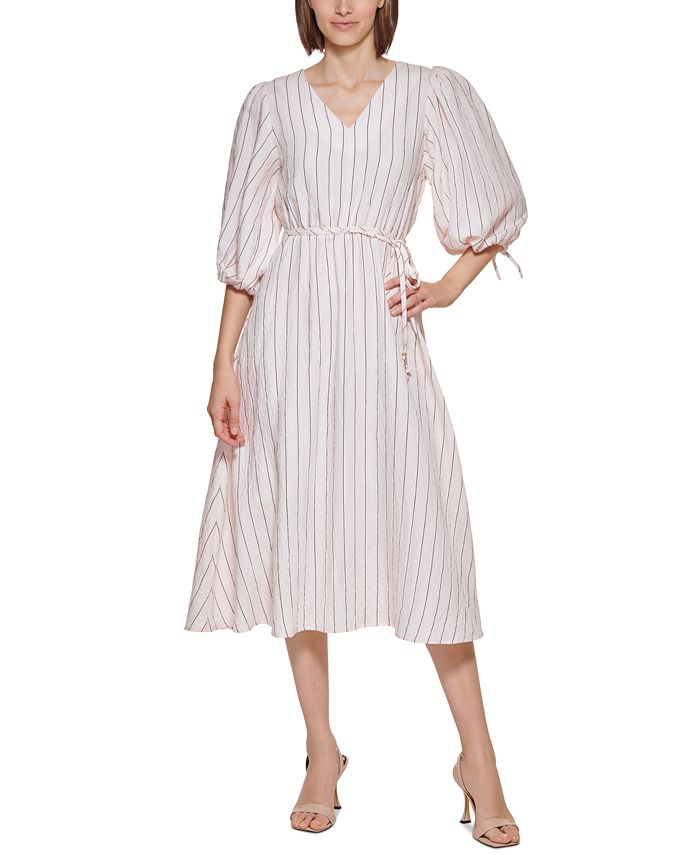 Calvin Klein Striped Puff-Sleeve Midi Dress & Reviews - Dresses - Women -  Macy's