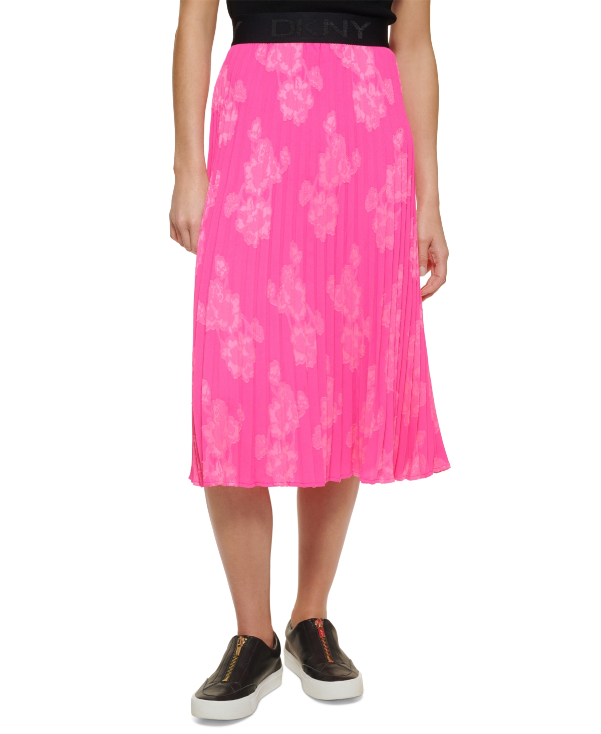 Dkny Floral-applique Pleated Midi Skirt In Power Pink | ModeSens