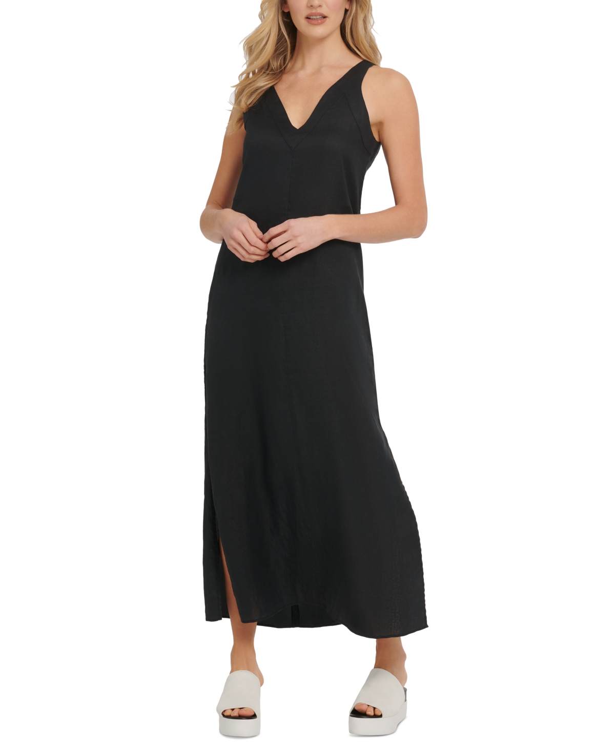 Shop Dkny Linen V-neck Maxi Dress In Black