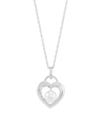 Macy's - Cultured Freshwater Pearl (7mm) & Diamond (1/10 ct. t.w.) Heart Pendant Necklace Sterling Silver, 16" + 2" extender