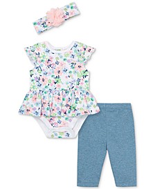 Baby Girls 3-Pc. Cotton Blossoms Bodysuit, Leggings & Headband Set