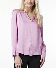 Women's Simplified V-neck Blouse Top with Long Cuffs