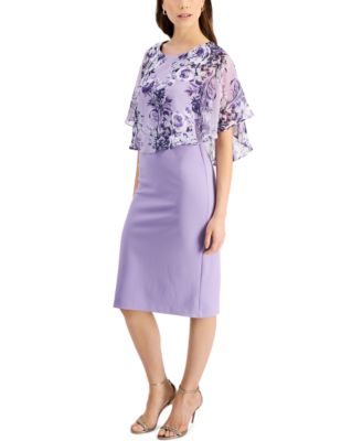 Connected Chiffon-Cape-Overlay Sheath Dress