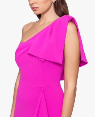 scuba crepe bow shoulder asymmetric sheath dress