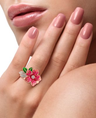 EFFY&reg; Pink & Green Enamel & Diamond Flower Ring (1/5 ct. t.w.) in 14k Rose Gold