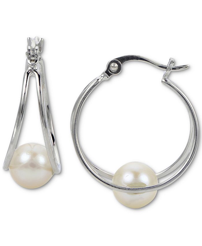 Macy's Cultured Freshwater Pearl (7mm) Hoop Earrings in Sterling Silver ...