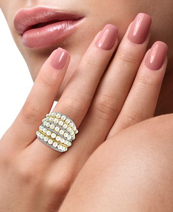 EFFY Collection - Cultured Freshwater Pearl (4mm) & Diamond (3/8 ct. t.w.) Multirow Statement Ring in 14k Gold