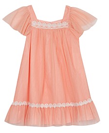 Toddler Girls Short Sleeve Coral Clip Dot on Mesh Dress with Lace Trim