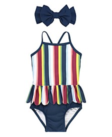 Baby Girls Peplum Swimsuit with Bow Headband, 2-Piece Set