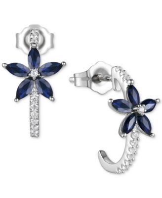 Macy's - Emerald (3/4 ct. t.w.) & Diamond (1/8 ct. t.w.) Flower Half Hoop Earrings in Sterling Silver (Also in Ruby & Sapphire)