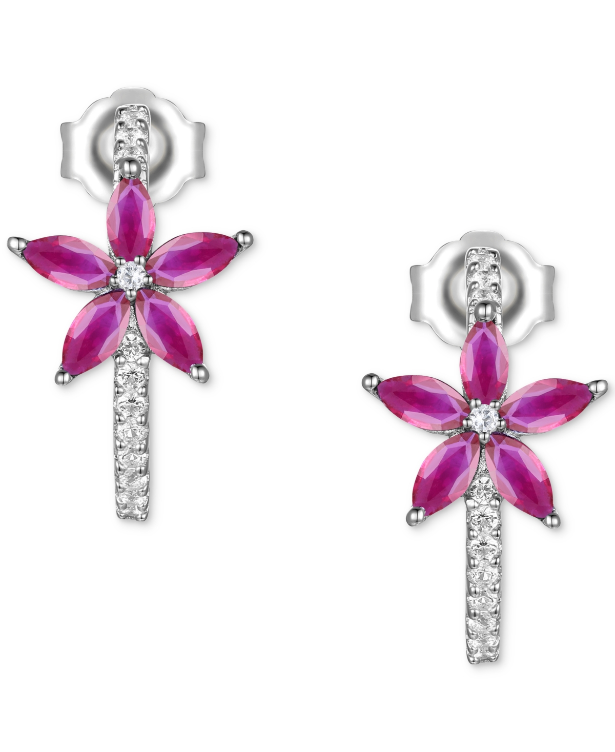 Sapphire (1-1/10ct. t.w.) & Diamond (1/8 ct. t.w.) Flower Half Hoop Earrings in Sterling Silver (Also in Emerald & - Ruby