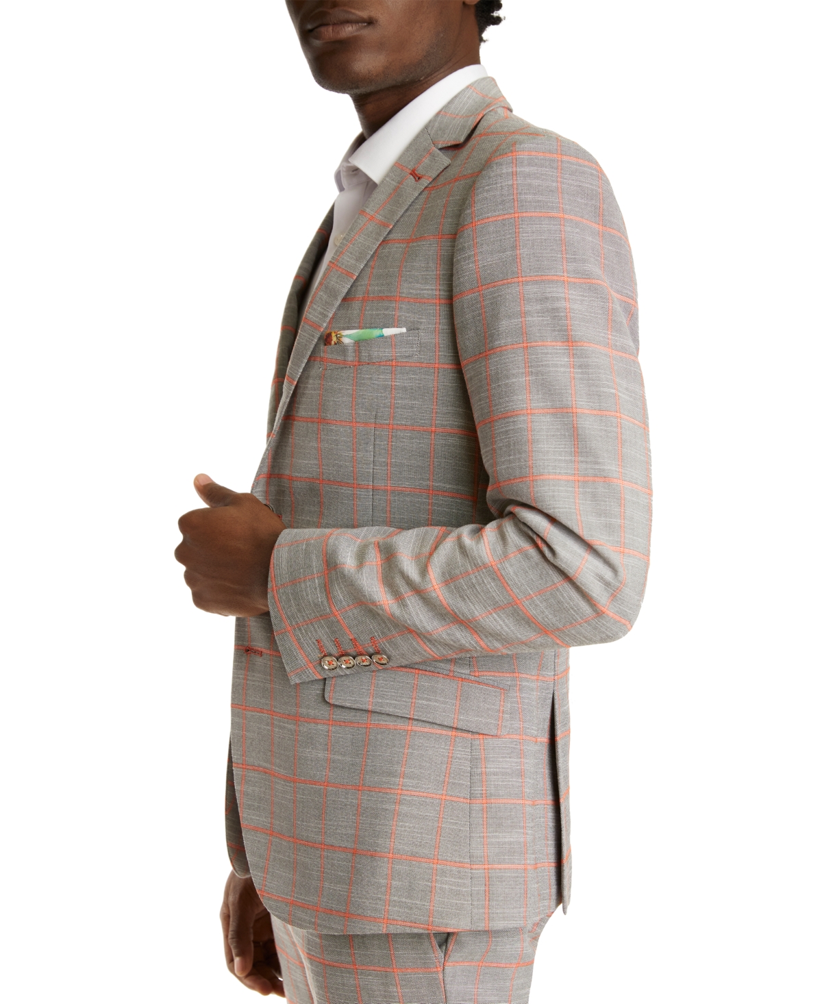 Paisley & Gray Men's Slim-fit Plaid Suit Jacket In Peach With Gray Windowpane