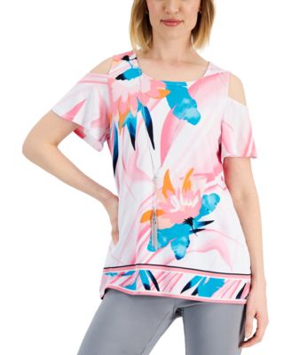 JM Collection - Women's Printed Cold-Shoulder Top