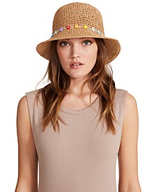 Packable Floral Beaded Straw Bucket Hat