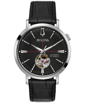 Bulova - Men's Automatic Aerojet Black Leather Strap Watch 41mm