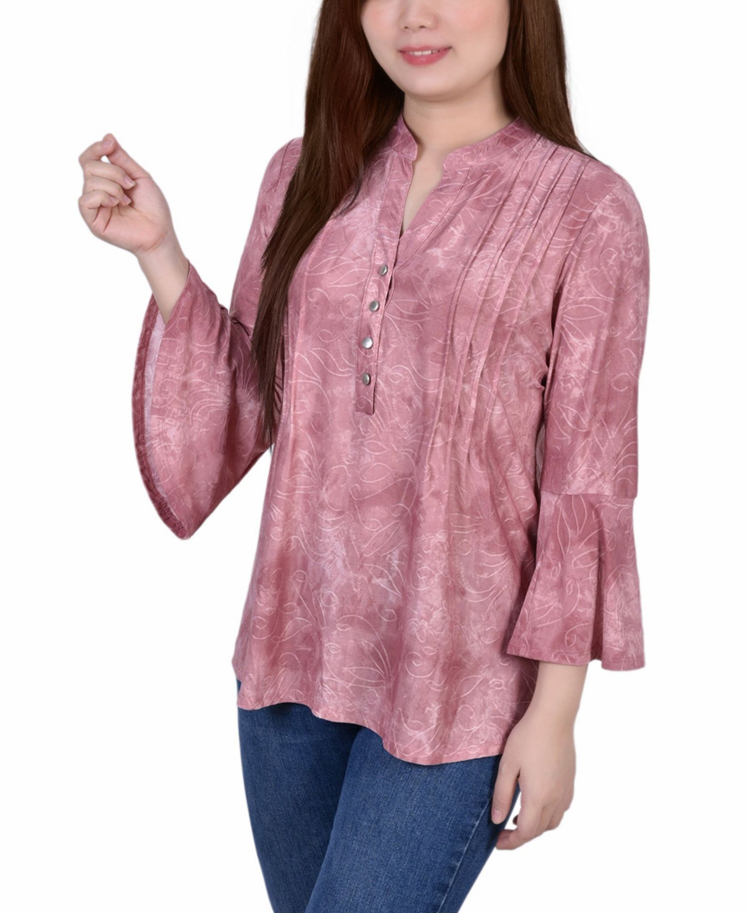 Petite 3/4 Bell Sleeve Printed Pleat Front Y-neck Top