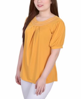 Petite Short Puff Sleeve Mesh Inset Top