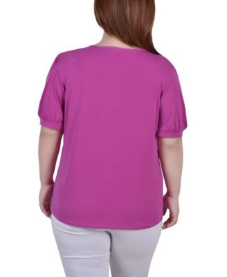 Plus Size Short Puff Sleeve Sheer Inset Top