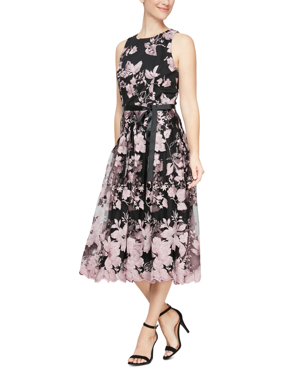 Alex Evenings Women's Floral-embroidered Midi Dress In Black,rose