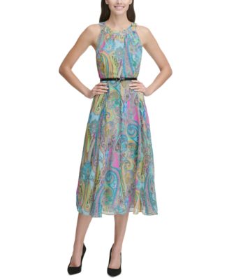 tommy hilfiger printed belted halter midi dress