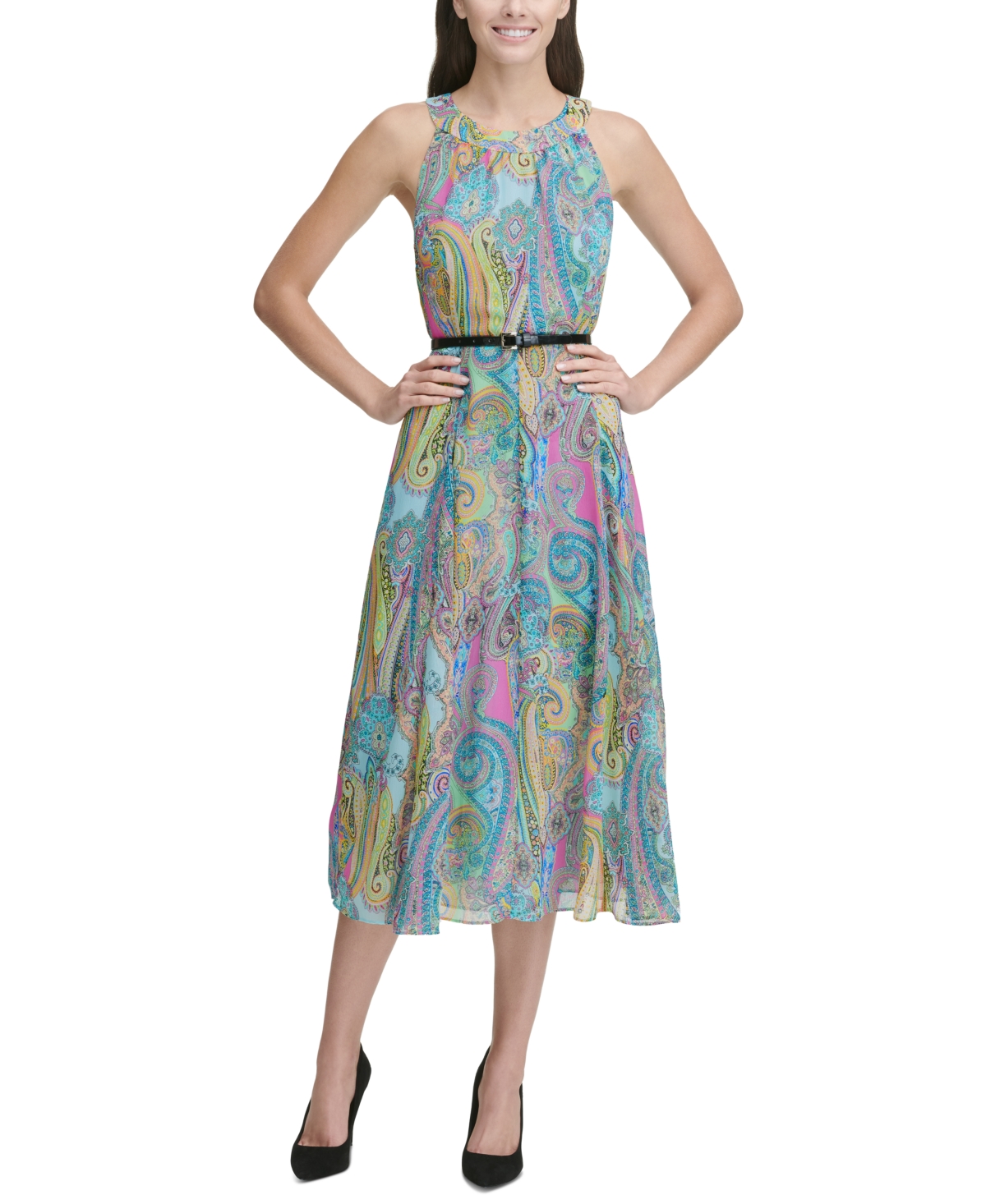 Tommy Hilfiger Belted Paisley-print Midi Dress In Hot Pink Multi | ModeSens