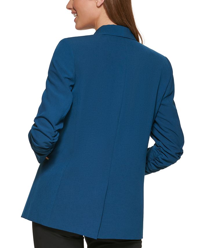 DKNY Women's Ruched Sleeve Open Front Blazer Blue Size 16