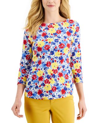 Charter Club - Petite Floral-Print 3/4-Sleeve Cotton Top, Created for Macy's