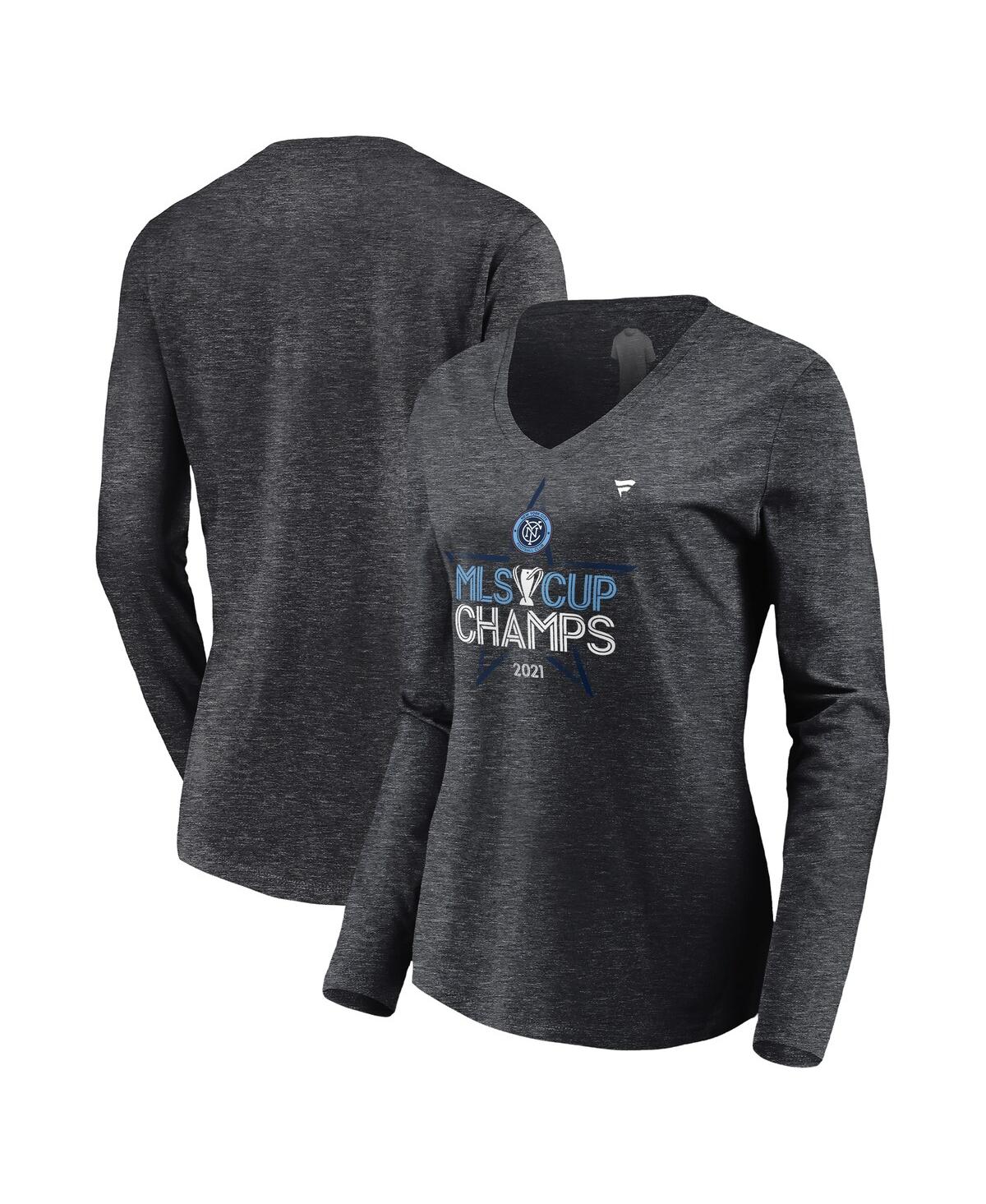 Women's FanaticsNew York City Fc 2021 Mls Cup Champions Locker Room Long Sleeve V-Neck T-shirt - Heathered Charcoal