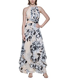 Metallic-Embroidered Floral-Print Maxi Dress