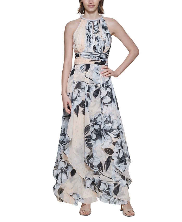 Calvin Klein Metallic-Embroidered Floral-Print Maxi Dress & Reviews -  Dresses - Women - Macy's