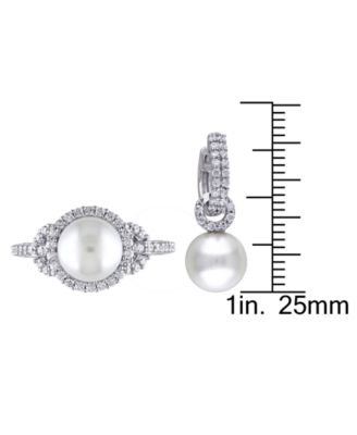 2-Pc. Set Cultured Freshwater Pearl (8-9mm) & Cubic Zirconia Dangle Hoop Earrings & Halo Ring in Sterling Silver