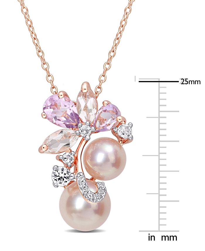 Macy's - Pink Cultured Freshwater Pearl (7 & 8-1/2mm) & Multi-Gemstone (2-1/3 ct. t.w.) Flower Cluster 18" Pendant Necklace in 18K Rose Gold-Plated Sterling Silver