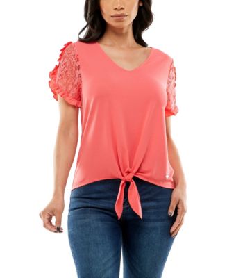 Adrienne Vittadini Women's Short Tulip Sleeve Top with Tie Front - Macy's