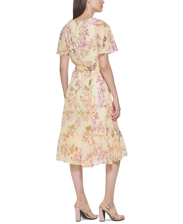 Calvin Klein Floral-Print Flutter-Sleeve Midi Dress - Macy's