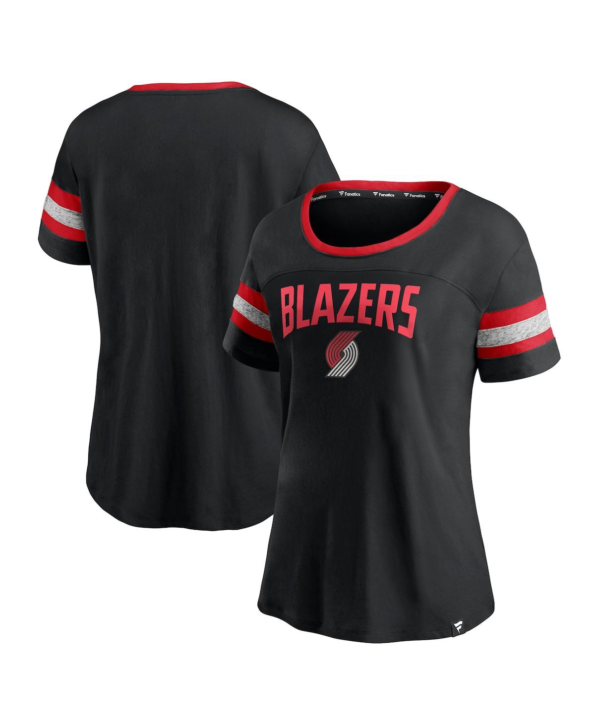 Women's Fanatics Black and Heathered Gray Portland Trail Blazers Block Party Striped Sleeve T-shirt - Black, Heathered Gray