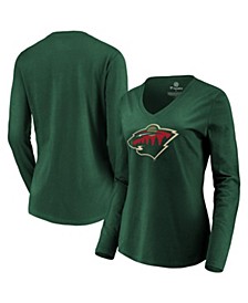 Women's Branded Green Minnesota Wild Primary Logo Long Sleeve V-Neck T-shirt