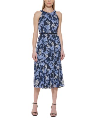 tommy hilfiger printed belted halter midi dress