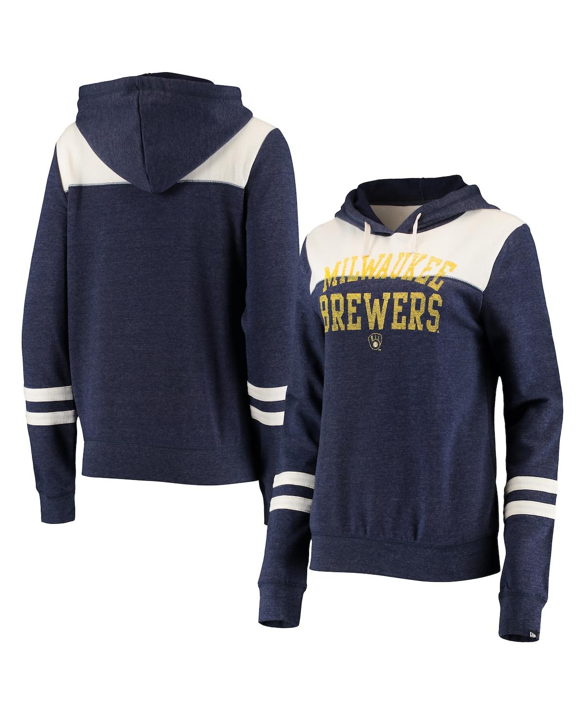 Women's New Era Heathered Navy and White Milwaukee Brewers Colorblock Tri-Blend Pullover Hoodie - Heathered Navy, White