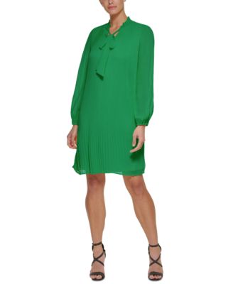 dkny long sleeve tie neck pleated shift dress