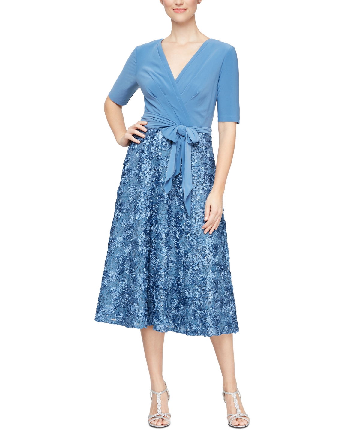 Alex Evenings Tea Length Jersey & Rosette Lace Dress In Brush Periwinkle