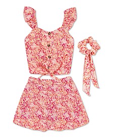 Big Girls Floral Tie Front Scooter Top with Skirt and Scrunchie, 3-Piece Set