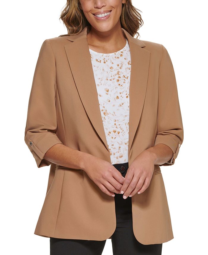 FAFWYP Womens Fahion Print Cropped Blazers 3/4 Sleeve Open Front Button  Jacket Lapel Work Office Slim Blazer Suit 