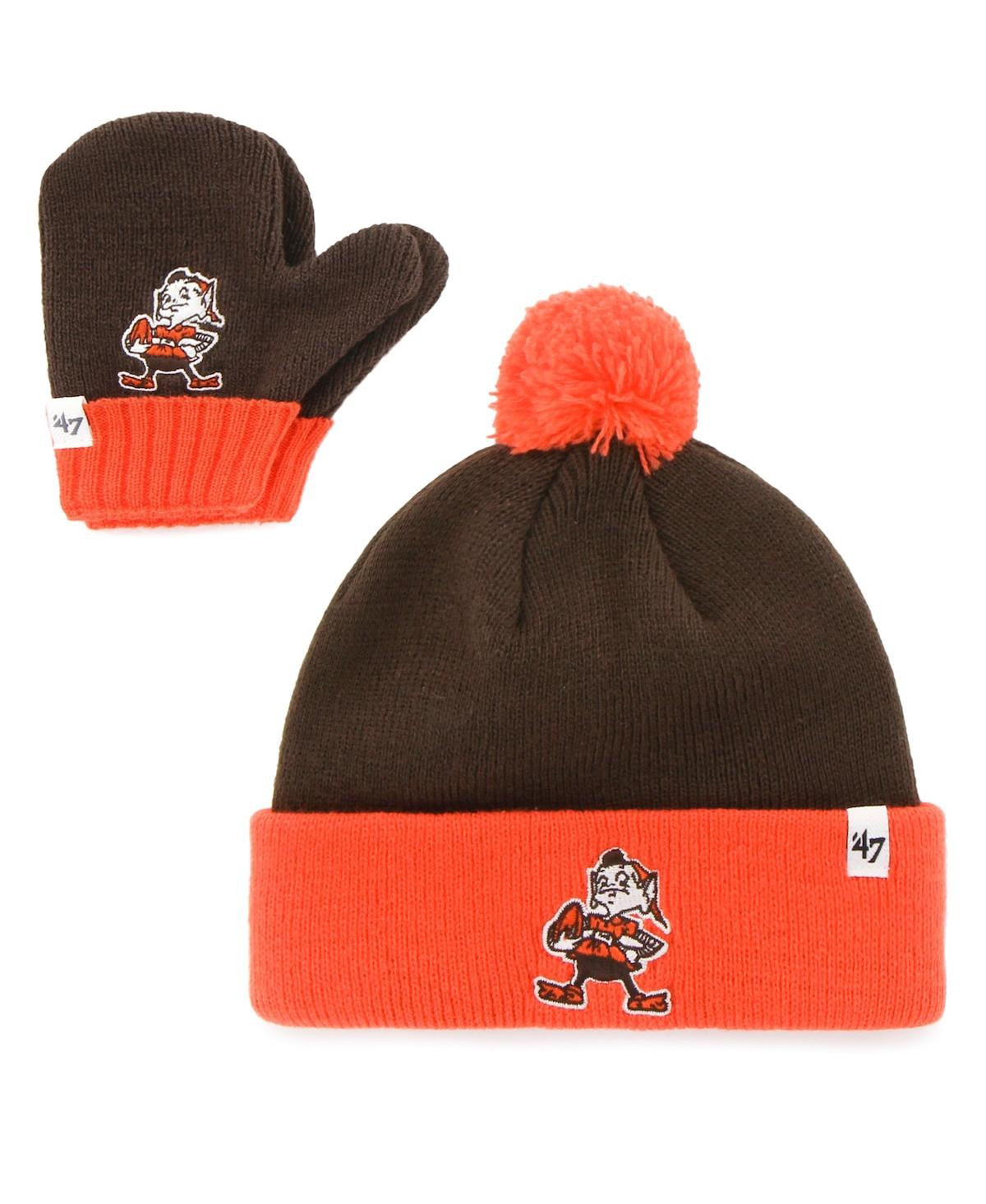 47 Brand Babies' Toddler Unisex Brown And Orange Cleveland Browns Bam Bam Cuffed Knit Hat With Pom And Mittens Set In Brown,orange