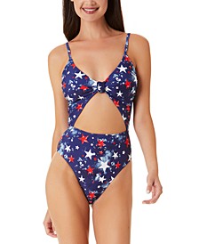 Juniors' Splatter-Star Knotted-Front Cut-Out One-Piece Swimsuit, Created for Macy's