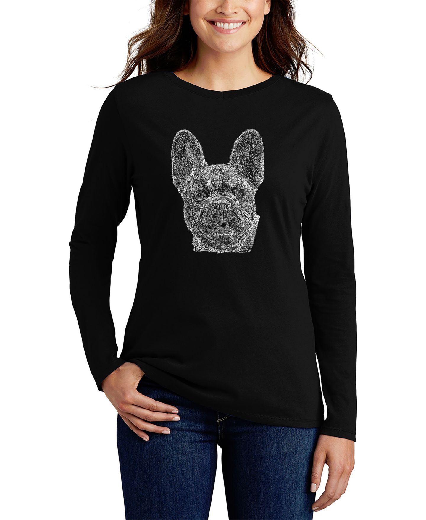 Женская футболка LA Pop Art Long Sleeve Word Art French Bulldog, цвет: Чёрный — фото 1