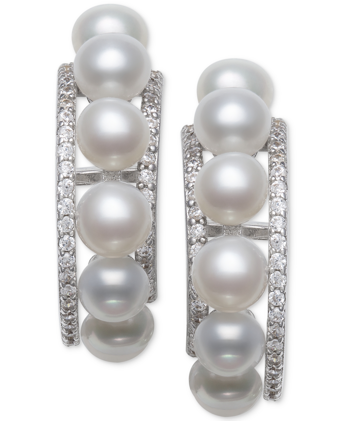 Belle de Mer Cultured Freshwater Button Pearl (4mm) & Cubic Zirconia Hoop Earrings  Created for Macy's - Sterling Silver